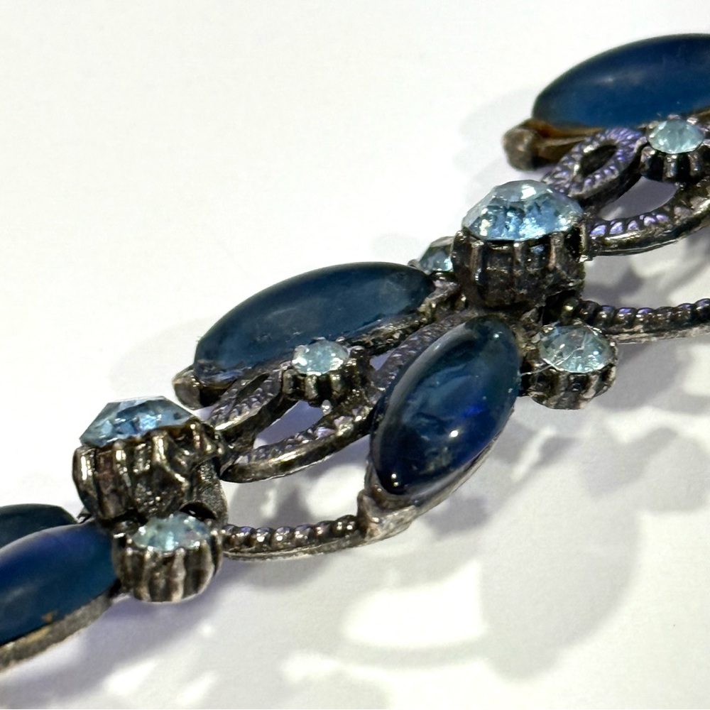 Vintage Florenza Blue Rhinestone Navette Marquise Bracelet Silver Tone Statement - Picture 15 of 16